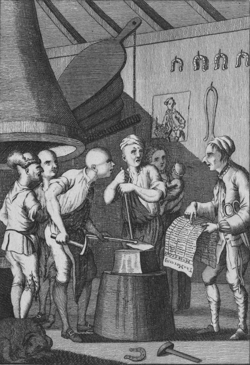 Smeden lader sit jern blive koldt ved at følge Taylors News, 1772 af Unbekannt