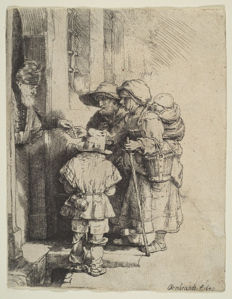 Den blinde Hurdy-Gurdy-spiller og familie modtager almisser, 1648. af Unbekannt