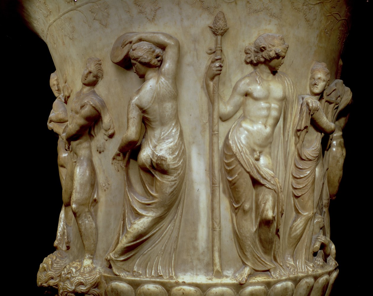 Borghese-krateret eller -vasen, detalje af relief, der forestiller Dionysos og hans maenads, græsk, nyattisk, slutningen af det 2. århundrede f.Kr. (marmor) af Unbekannt