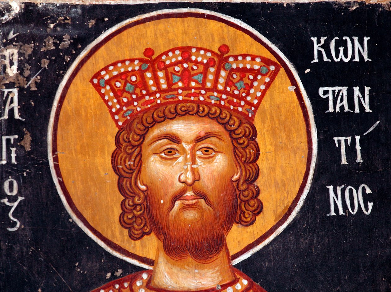 Den byzantinske fresko fra det 15. århundrede (Detalje): Kejser Konstantin Vægmaleri Michael Ærkeengel Kirke i Pedoulas Cypern Malede kirker UNESCO-sted Troodos, Cypern af Unbekannt