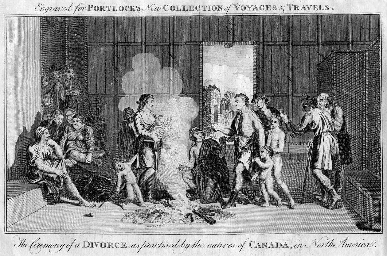 Ceremonien for en skilsmisse, som praktiseret af de indfødte i Canada, i Nordamerika, c1760 af Unbekannt