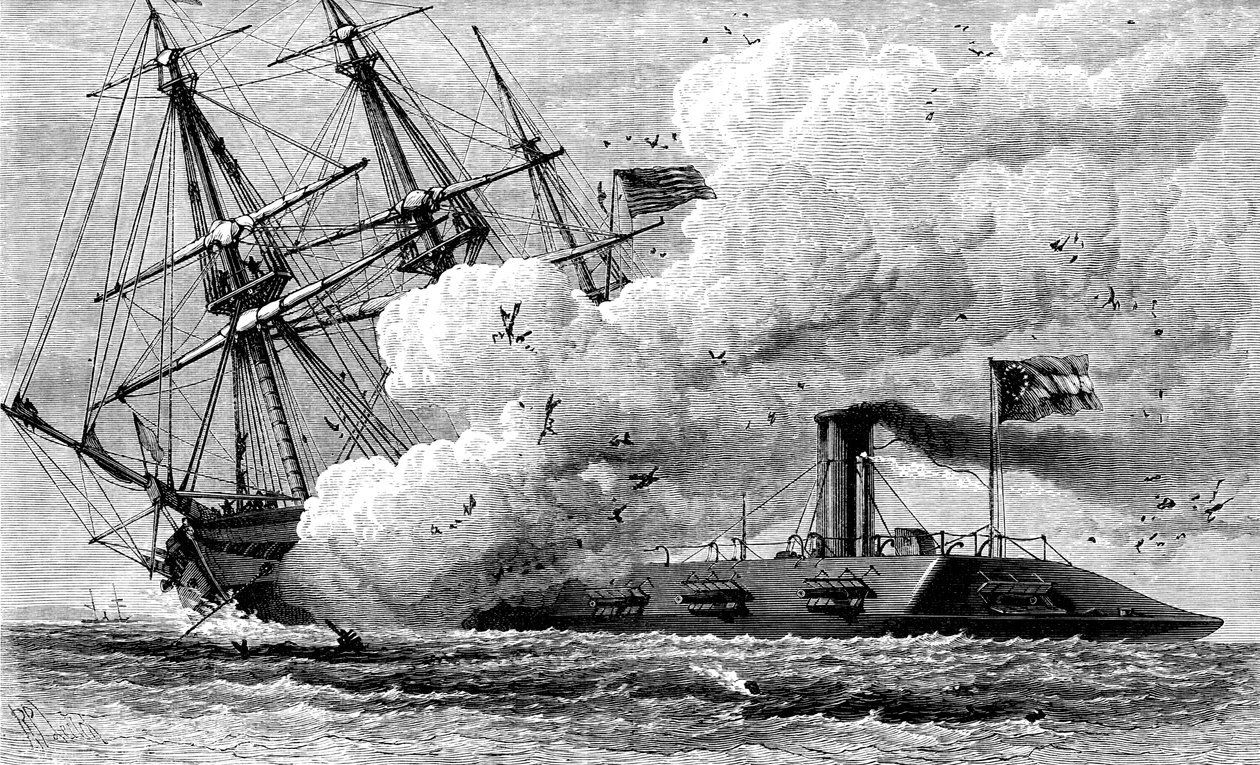 Den konfødererede jernbeklædte Merrimac sænker USS Cumberland, 1862 c1880 af Unbekannt