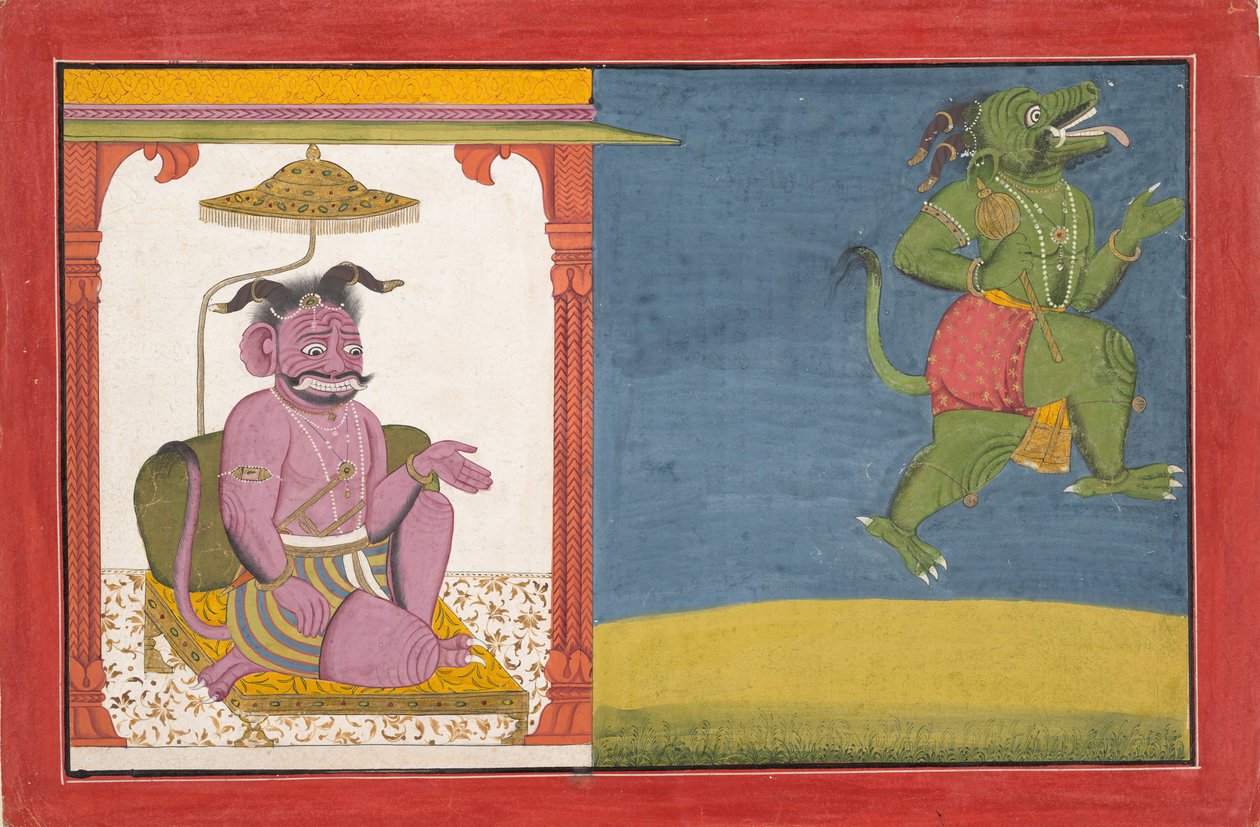 Dæmonen Hiranyaksha forlader Dæmonpaladset... fra en Bhagavata Purana-serie, ca. 1740. af Unbekannt