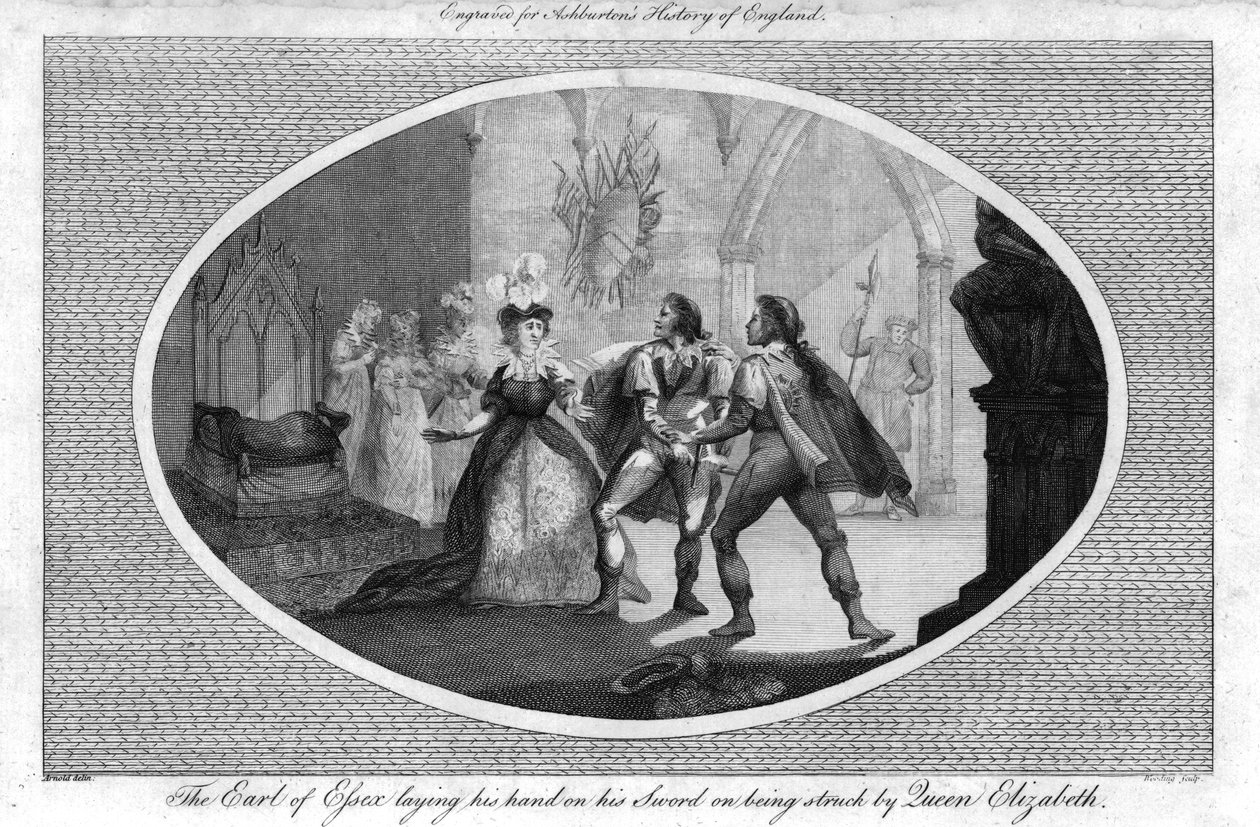 Jarlen af Essex lægger sin hånd på sit sværd, da han blev slået af dronning Elizabeth., 1792 af Unbekannt