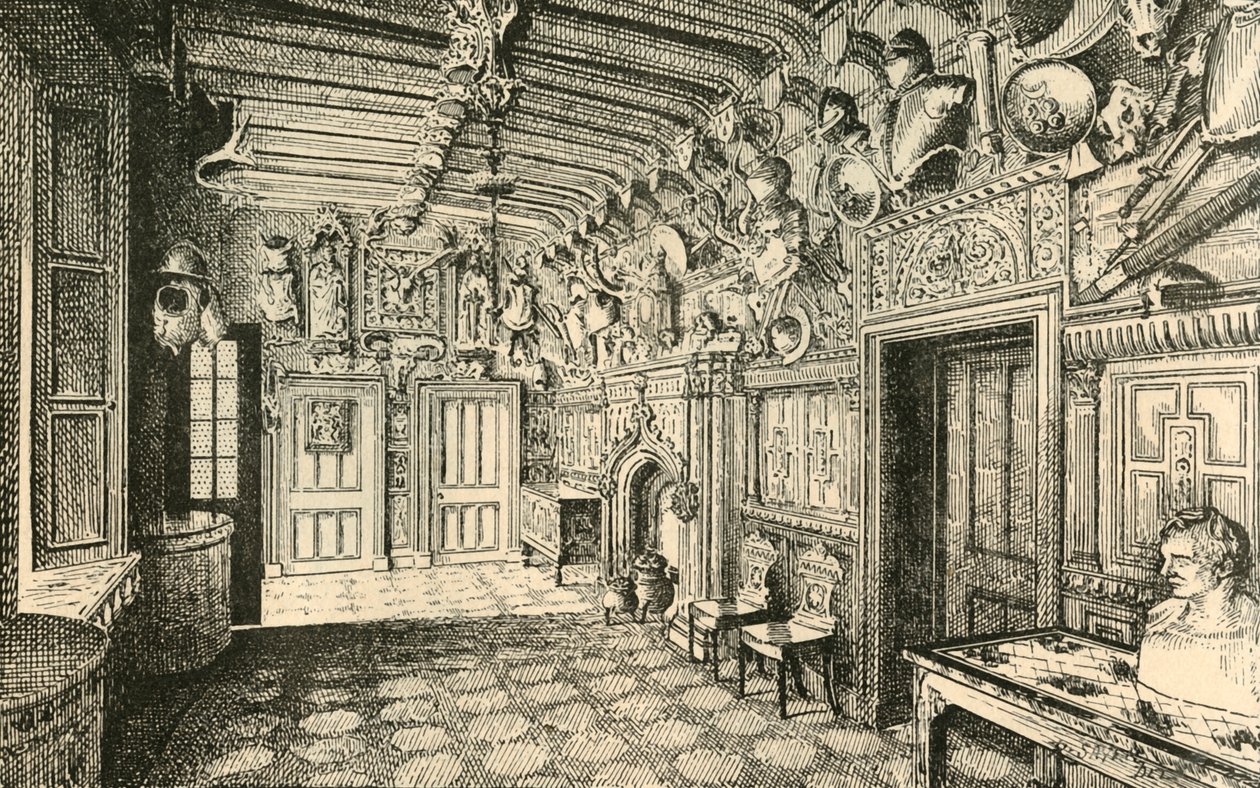 Entreen. - Langs væggen er mange dragter af gammel rustning., 1882. af Unbekannt