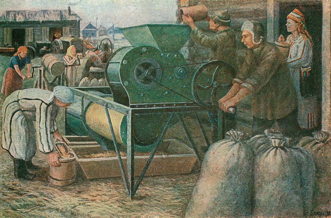 Kampen for høsten: sortering af frø i en Mordva kollektiv gård, 1933 af Unbekannt