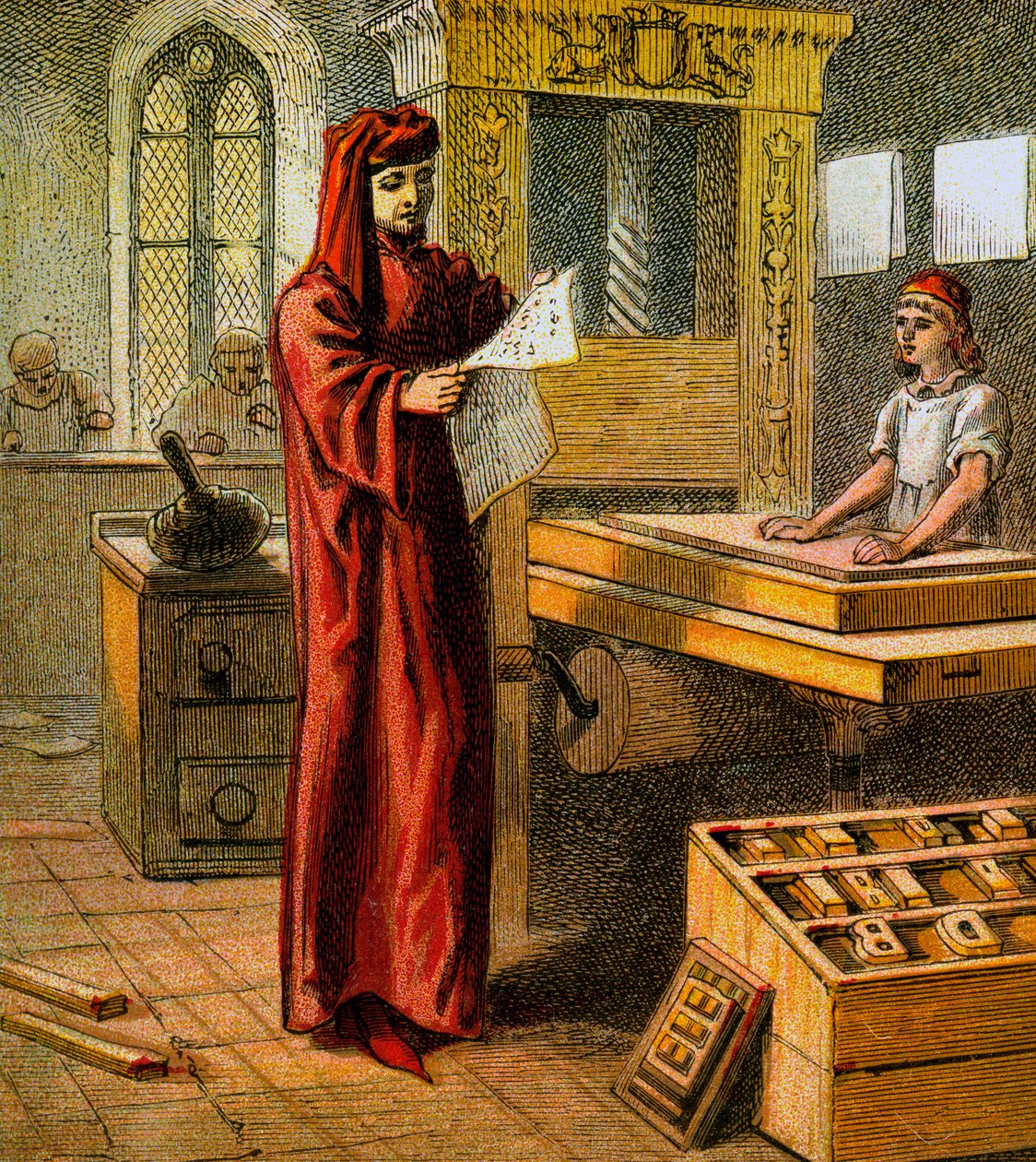 Den første engelske printer, 1400-tallet, c1850 af Unbekannt