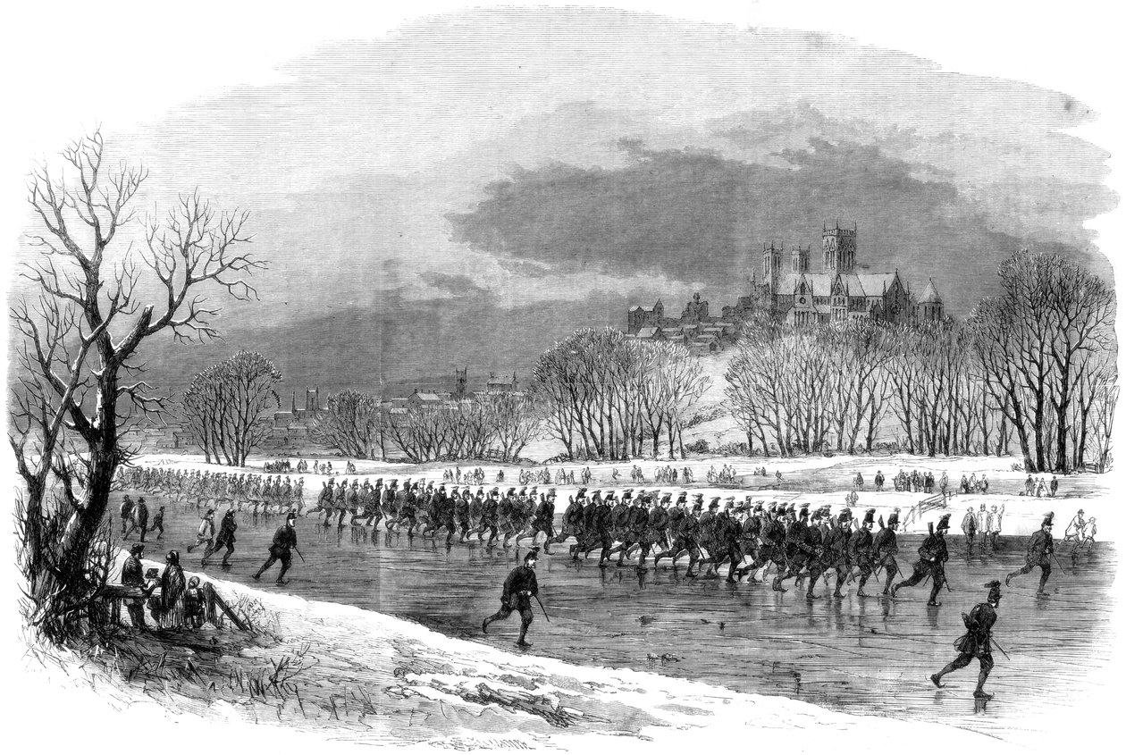 The First Lincolnshire Rifle Volunteers tager en march ned ad floden Witham på skøjter, 1861 af Unbekannt