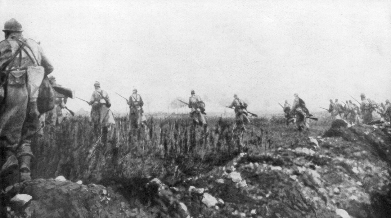 Franskmændene lancerer deres offensiv, 2. slag ved Champagne, Frankrig, 25. september 1915 af Unbekannt