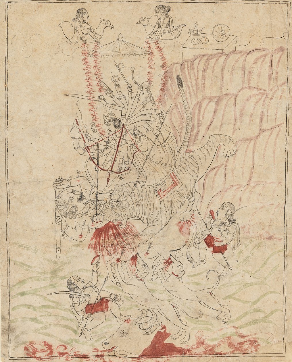 Gudinden Durga dræber bøffeldæmonen, Mahisha Mahishasur Mardini, Ka. 1760. af Unbekannt