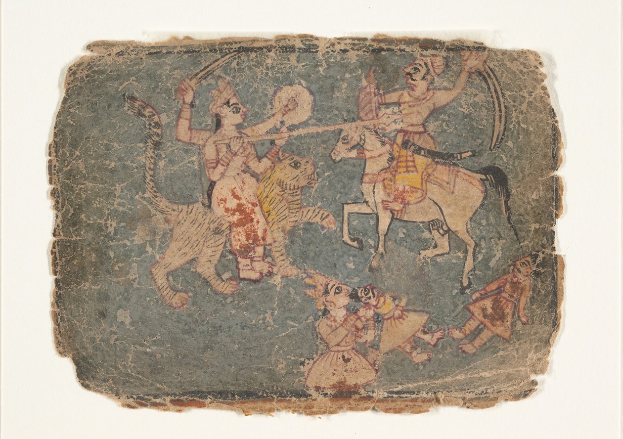 Gudinden Durga dræber en fjende, side fra en spredt Markandeya Purana..., 1650-60. af Unbekannt