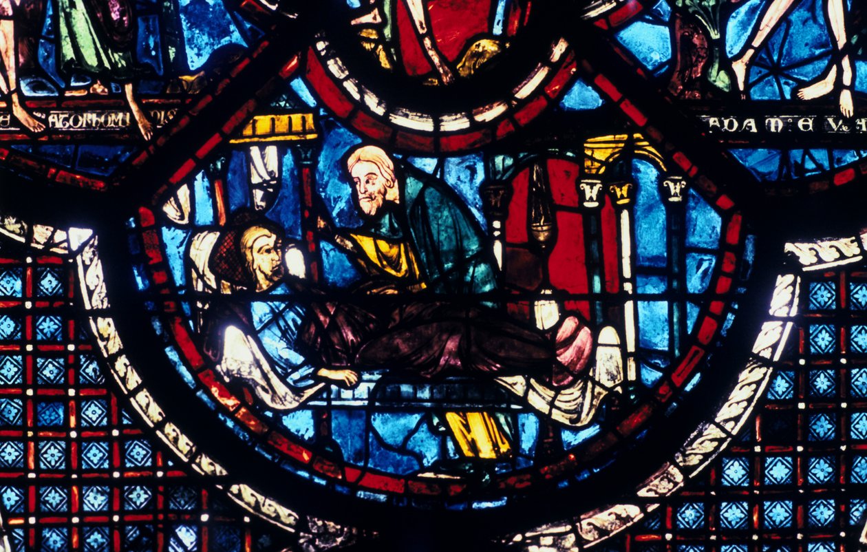 Den barmhjertige samaritaner tager sig af pilgrimmen, farvet glas, Chartres Cathedral, Frankrig, 1205-1215 af Unbekannt