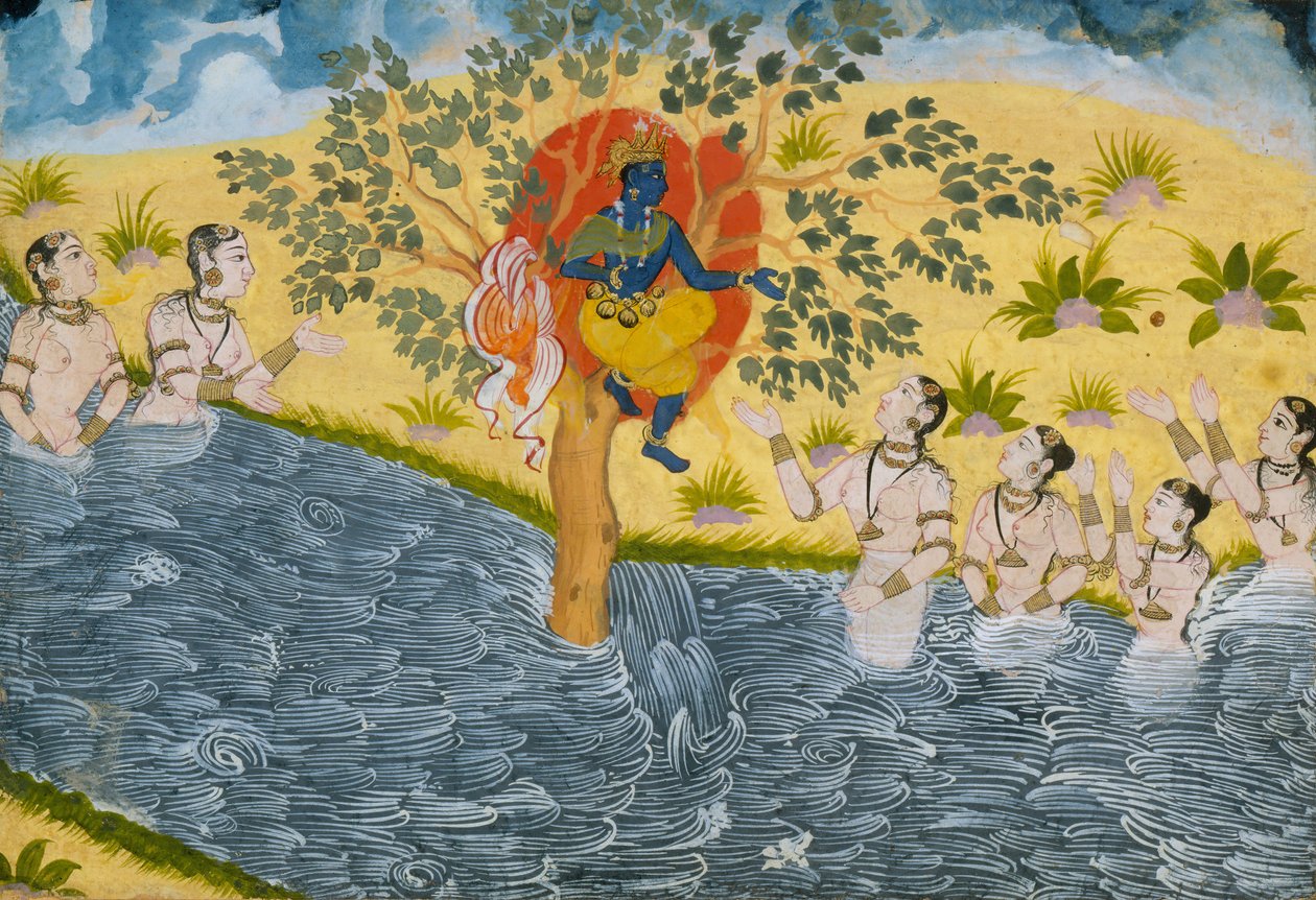 Gopierne bønfalder Krishna om at returnere deres tøj, side fra en Bhagavata Purana..., ca. 1610. af Unbekannt