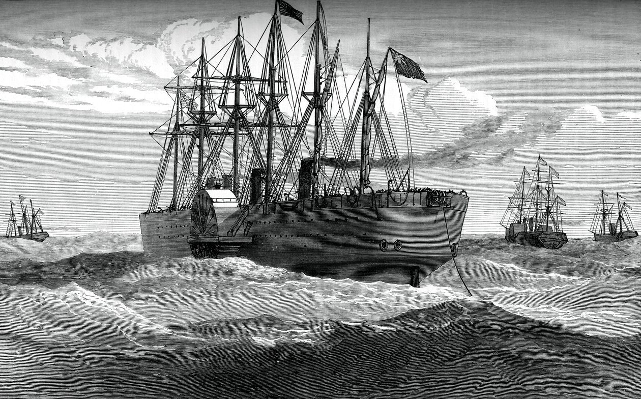 The Great Eastern udspiller det atlantiske telegrafkabel, c1865, c1880 af Unbekannt