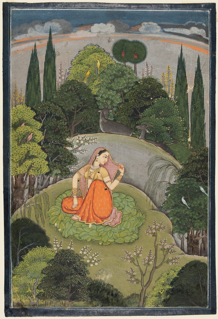 Heltinden, der venter spændt på sin fraværende elsker Utka Nayika, ca. 1760-1765. af Unbekannt