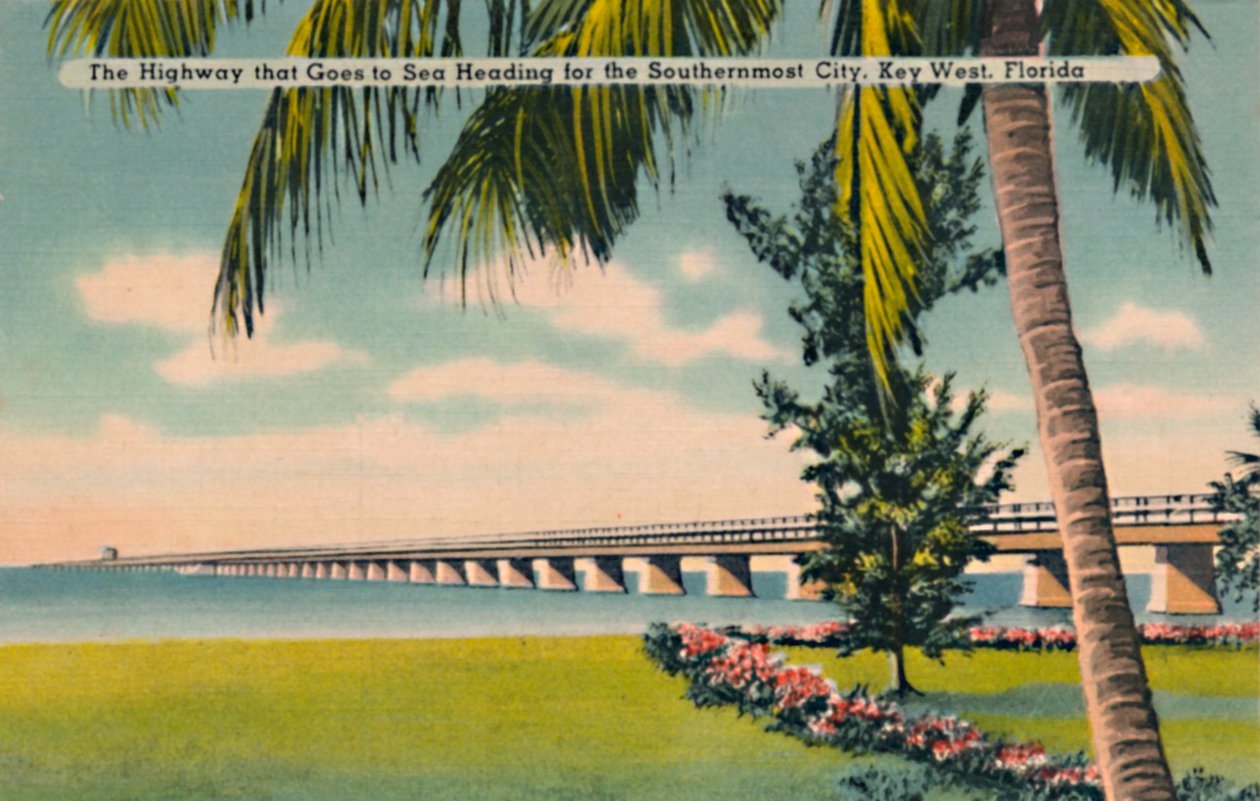 Motorvejen, der går til havet på vej mod den sydligste by, Key West, Florida, c1940