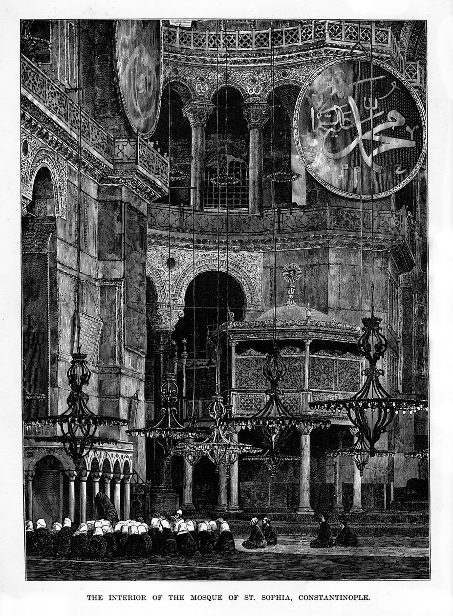 Det indre af moskeen Santa Sophia, Konstantinopel, Tyrkiet, 1800-tallet af Unbekannt
