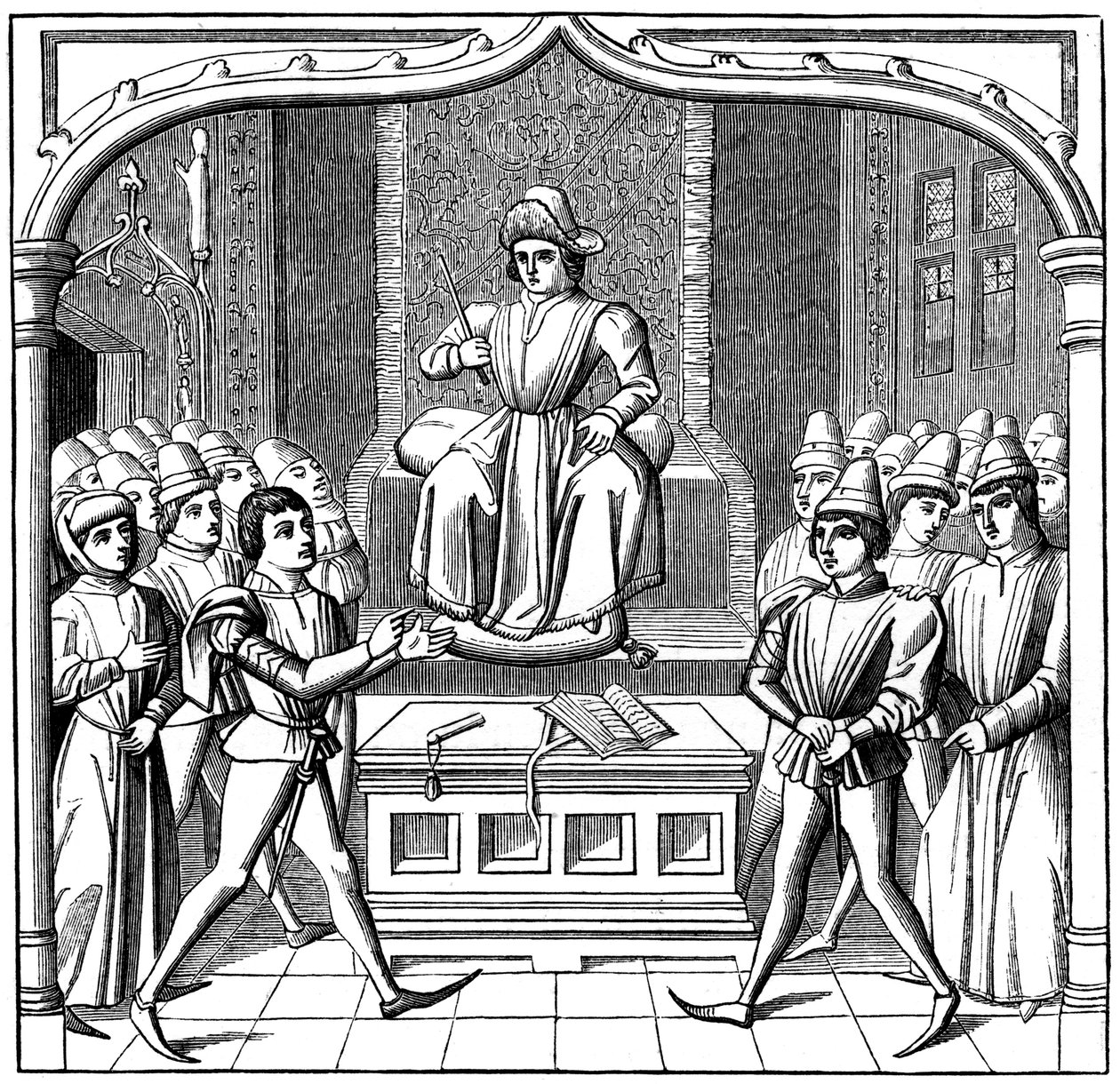 The Judicial Duel, sagsøgeren åbnede sin sag for dommeren, 1400-tallet 1849 af Unbekannt