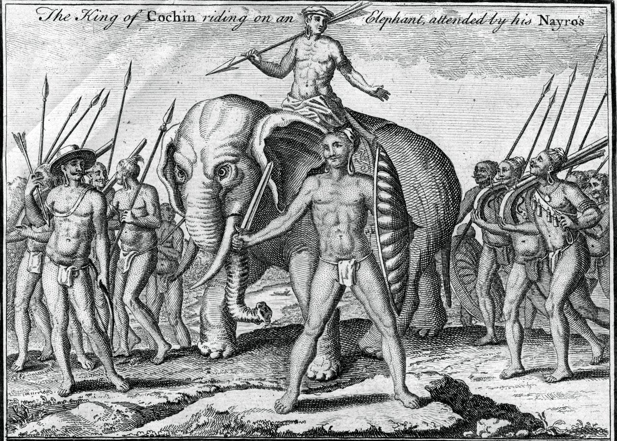 Kongen af Cochin rider på en elefant, overværet af hans Nayros, c1745 af Unbekannt