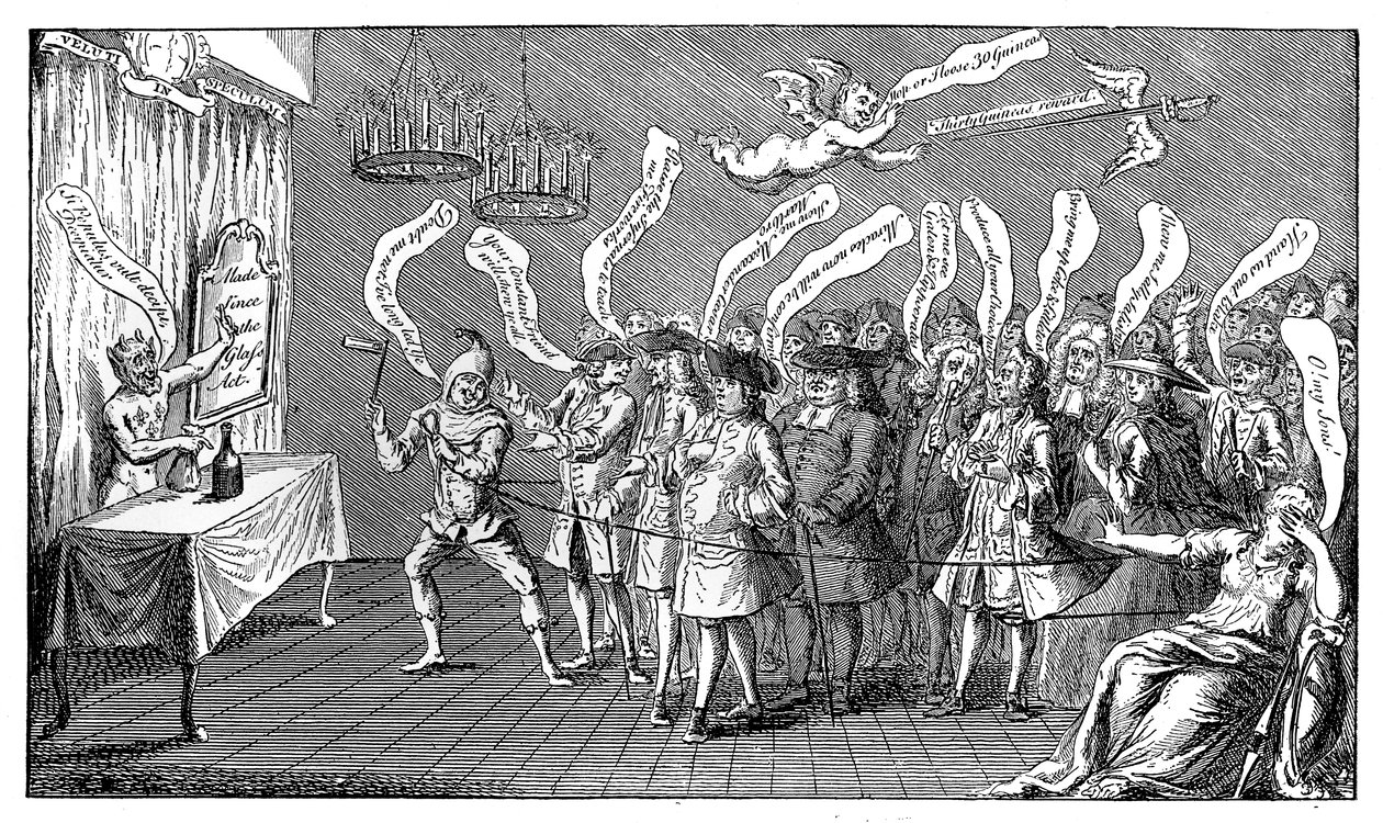 Tryllekunstneren eller flaskeslukkeren. Engelsk godtroenhed: eller, Yere all Bottled, 1749 af Unbekannt