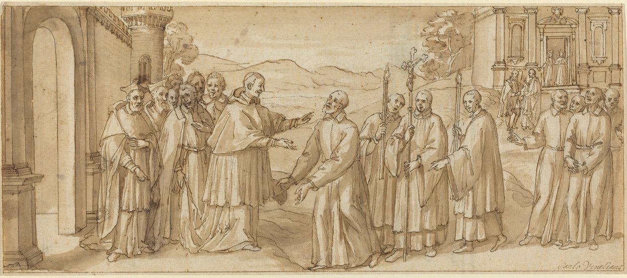 Mødet mellem San Carlo Borromeo og San Filippo Neri, ca. 1600. af Unbekannt