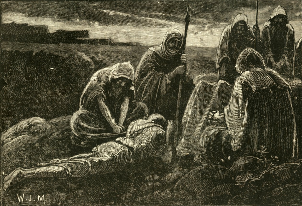 Mændene fra Jabesh sørger over Sauls og Jonathans grav, 1890. af Unbekannt