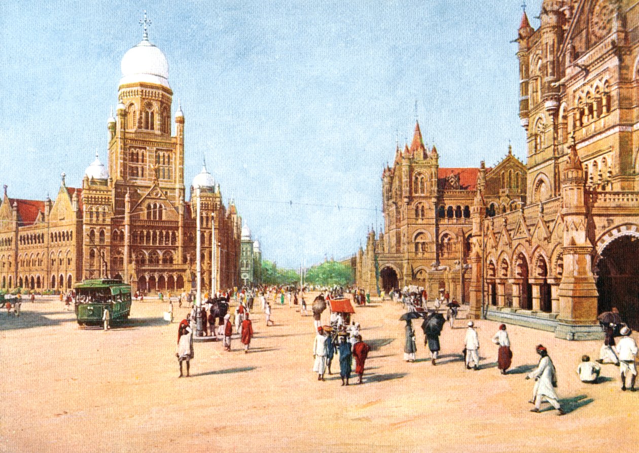 De kommunale kontorer og Victoria Terminus, Bombay, Indien, begyndelsen af det 20. århundrede af Unbekannt