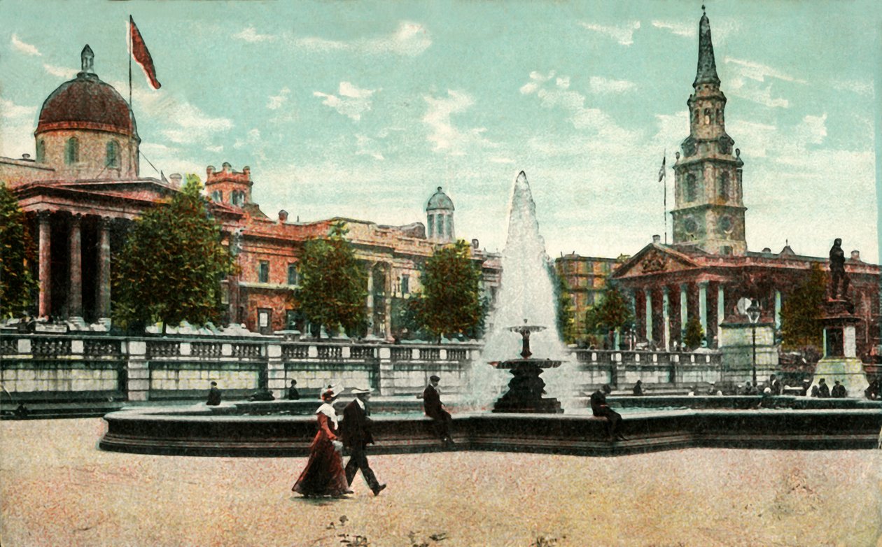 National Gallery, St Martin in the Fields og springvand på Trafalgar Square, London, c1910. af Unbekannt