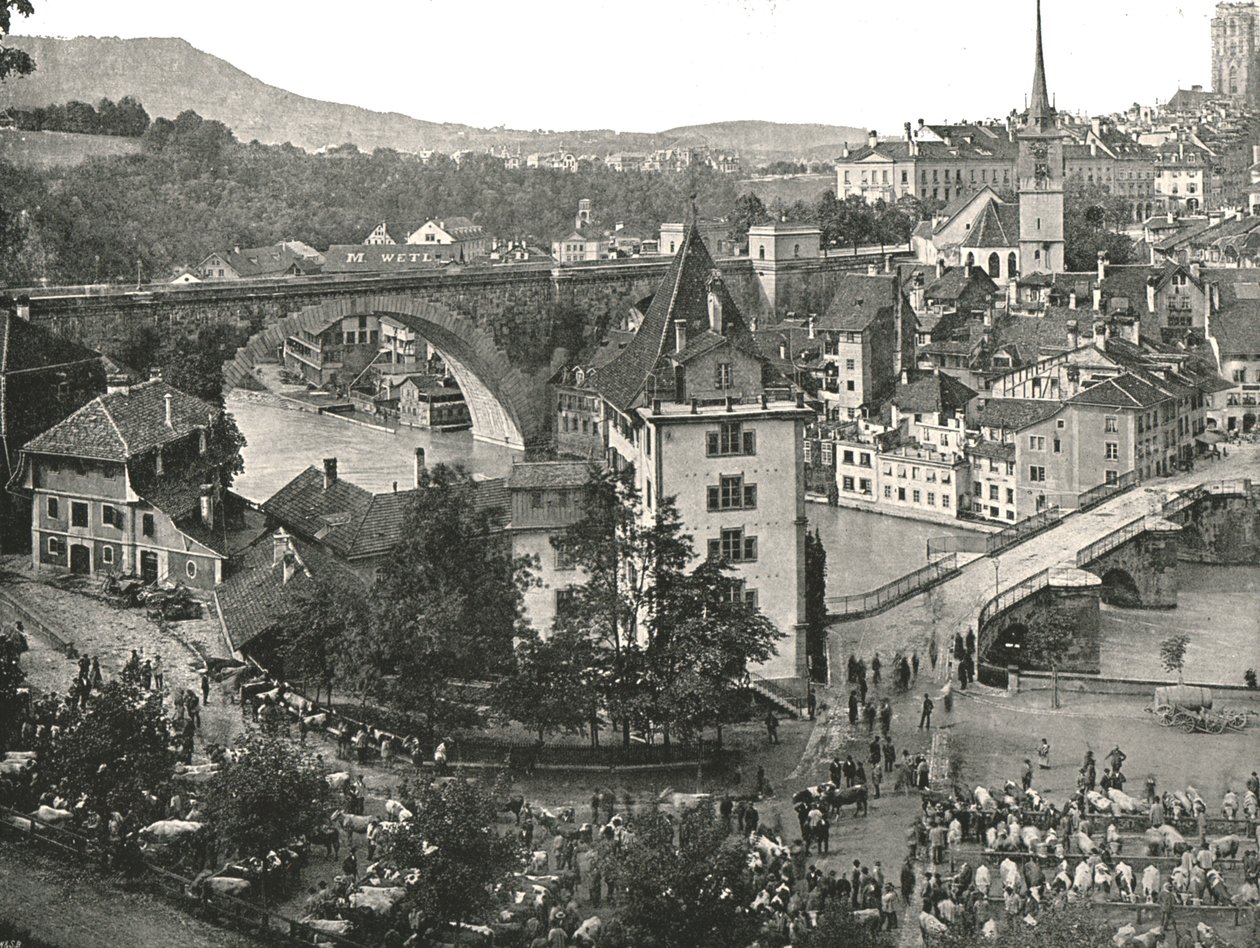 Nydeggbrücke og kvægmarkedet, Bern, Schweiz, 1895. af Unbekannt