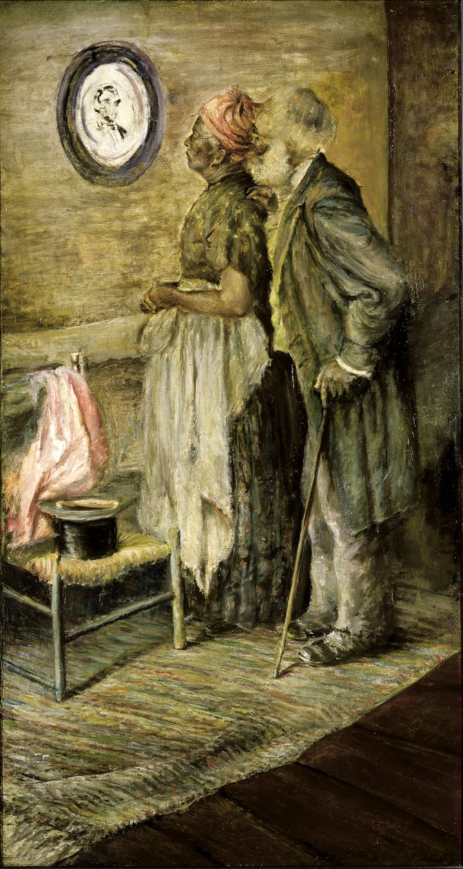 Det gamle par ser på et portræt af Lincoln, efter 1904-1905. af Unbekannt
