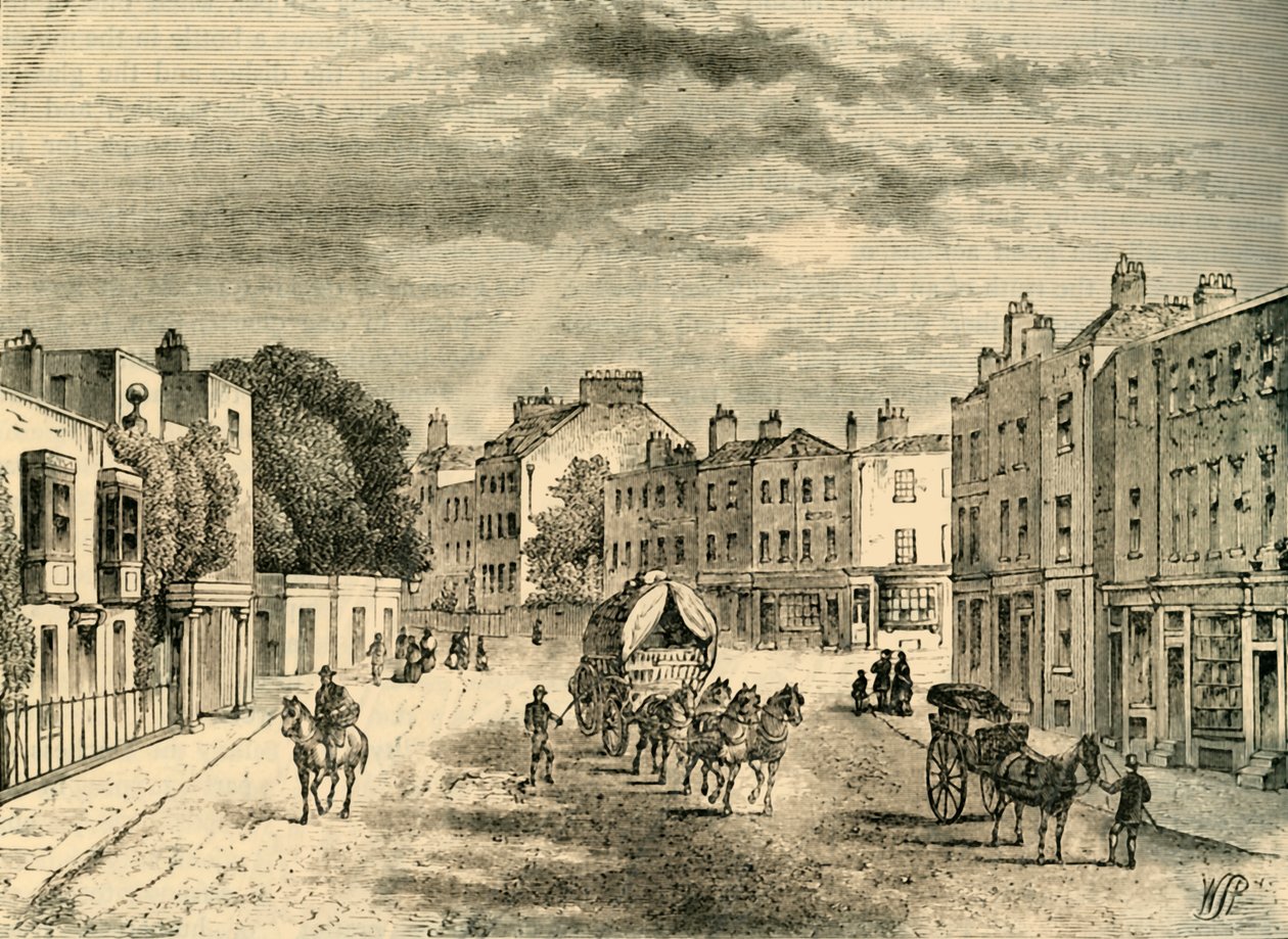 Den gamle landsby Vauxhall, med indgang til haverne, i 1825, c1878. af Unbekannt