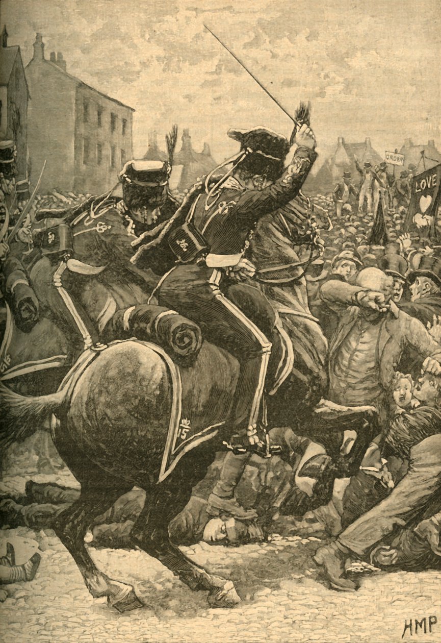 Peterloo-massakren: husarer anklager folket, Manchester, 1819 c1890. af Unbekannt