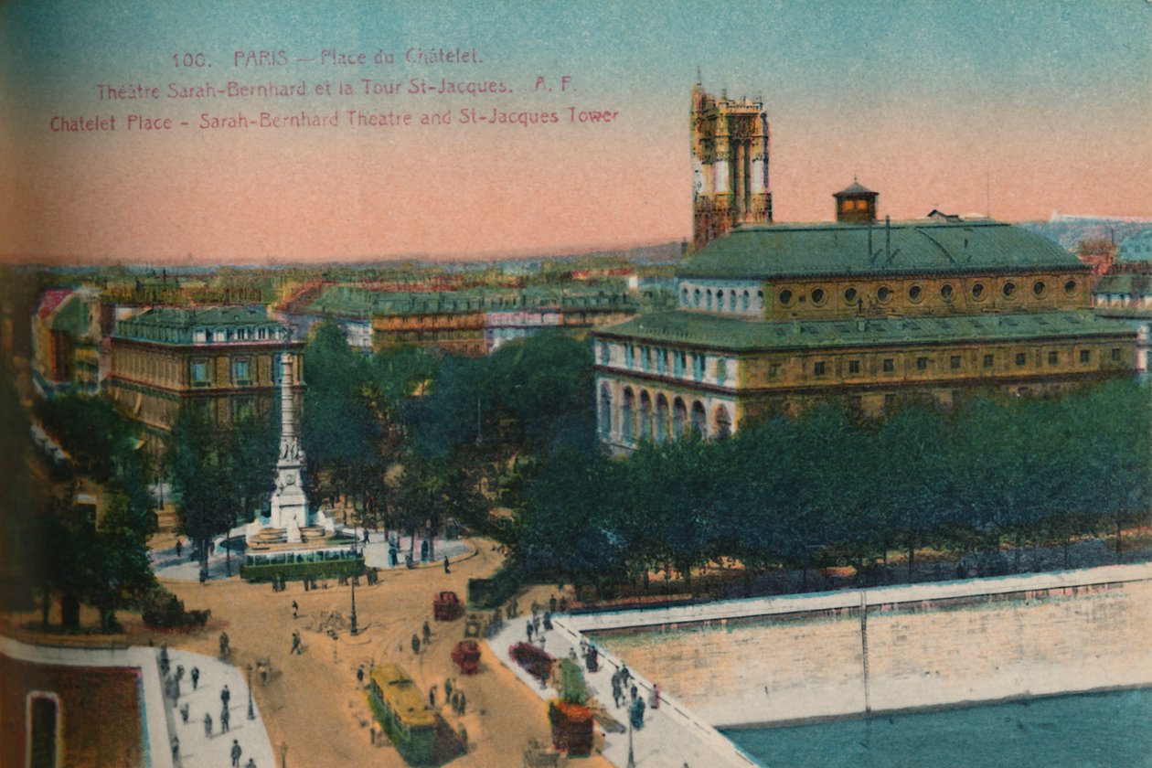 Place du Châtelet - Sarah-Bernhardt Theatre og Tour Saint-Jacques, c1920 af Unbekannt