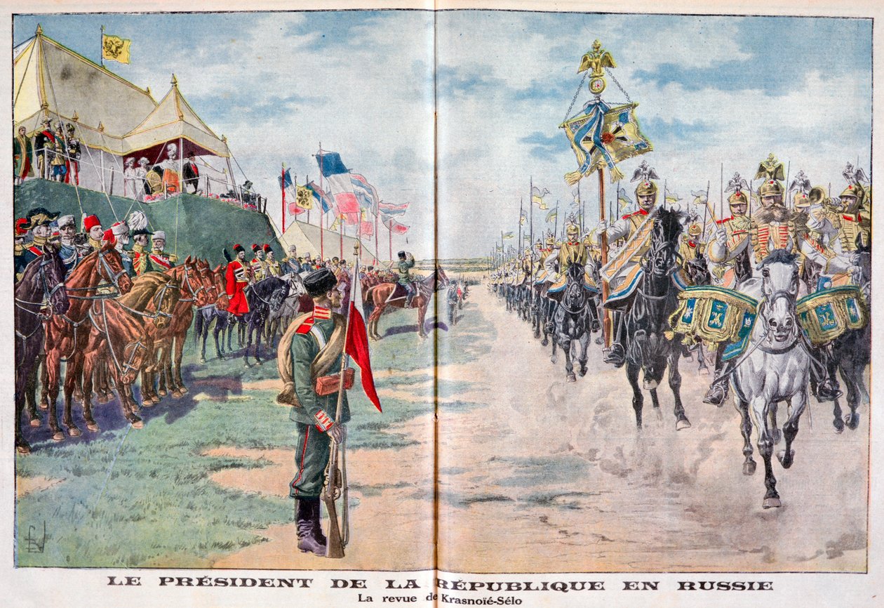 Republikkens præsident gennemgår russiske tropper, Krasnoye Selo, Rusland, 1914 af Unbekannt