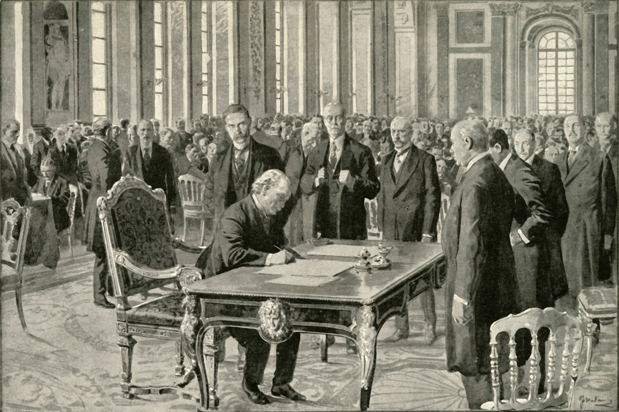 Storbritanniens premierminister underskriver fredstraktaten, 1919. af Unbekannt
