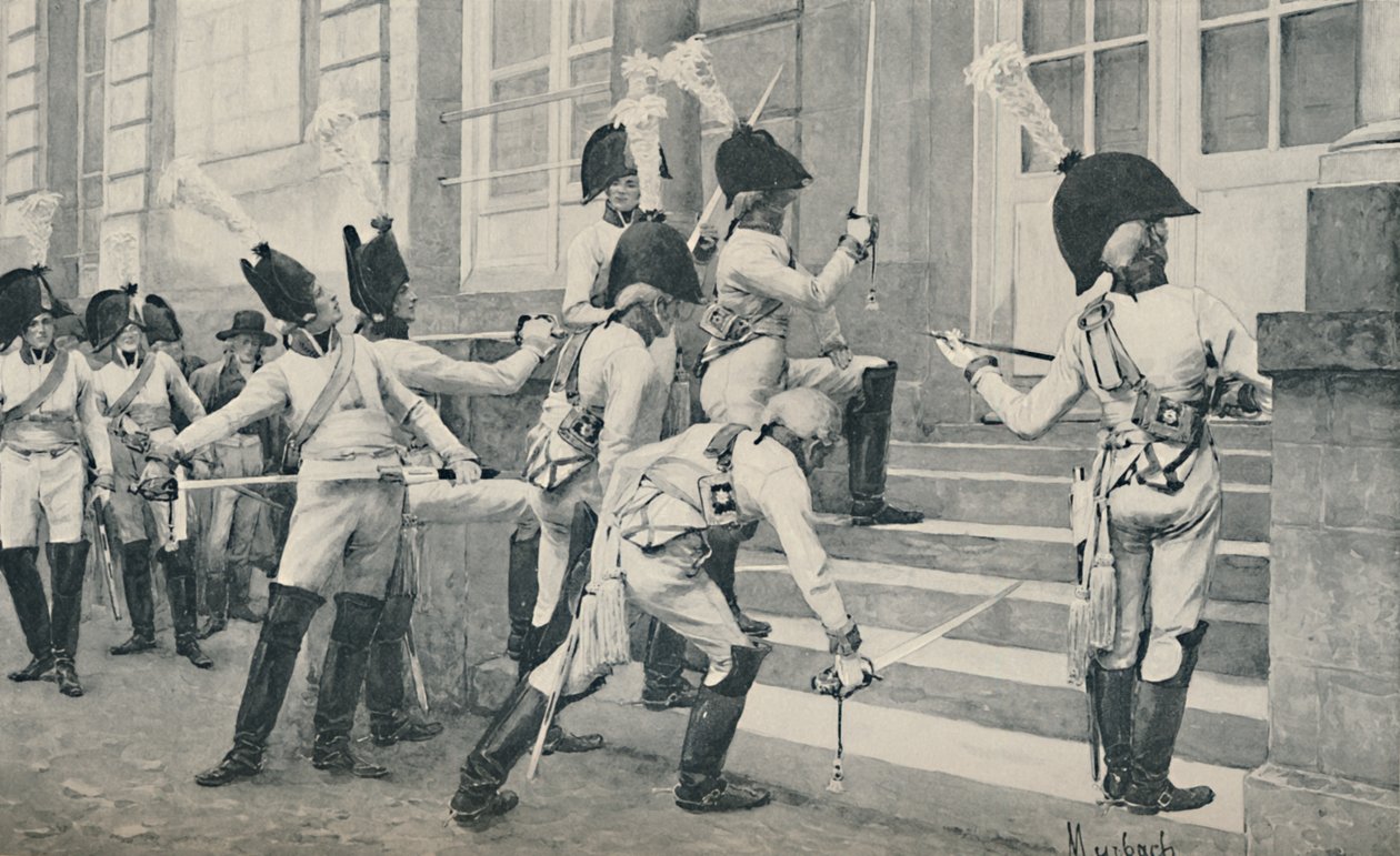 Den preussiske adelsgarde skærper deres sværd på trappen til den franske ambassade i Berlin, 1896 af Unbekannt