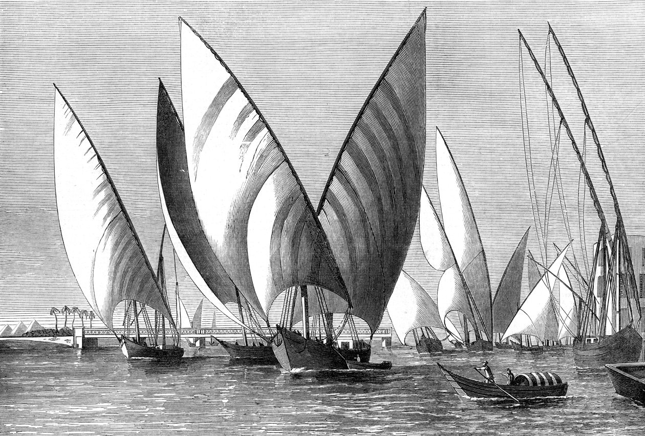 Floden ved Boulak-broen, Kairo, med dahabeahs forbi, 1874 af Unbekannt