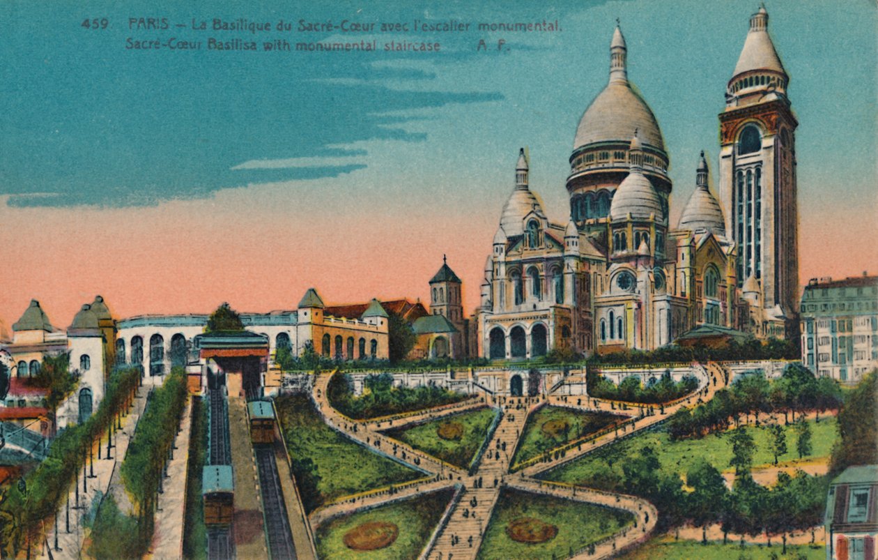 Sacre-Coeur-basilikaen med monumental trappe, Paris, c1920 af Unbekannt