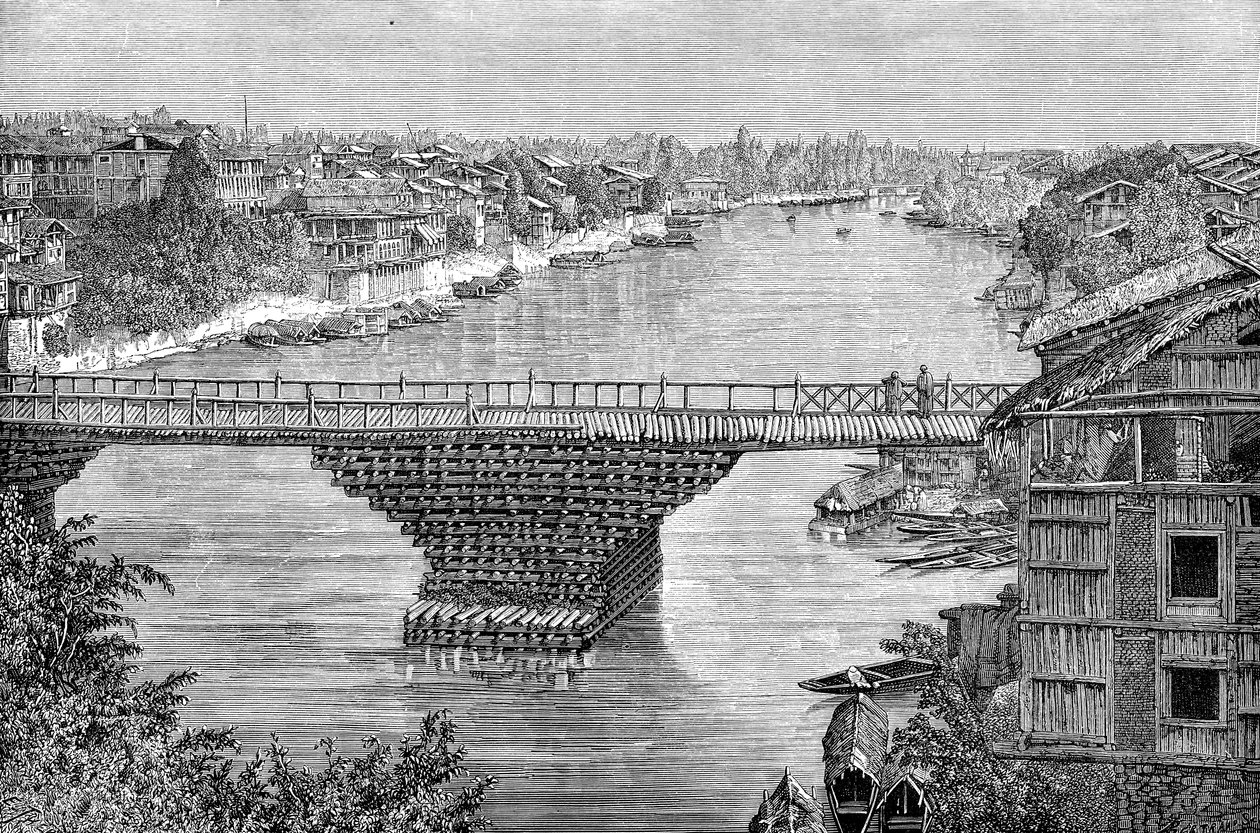 Srinagar-broen over floden Jhelum, Pakistan, 1895 af Unbekannt
