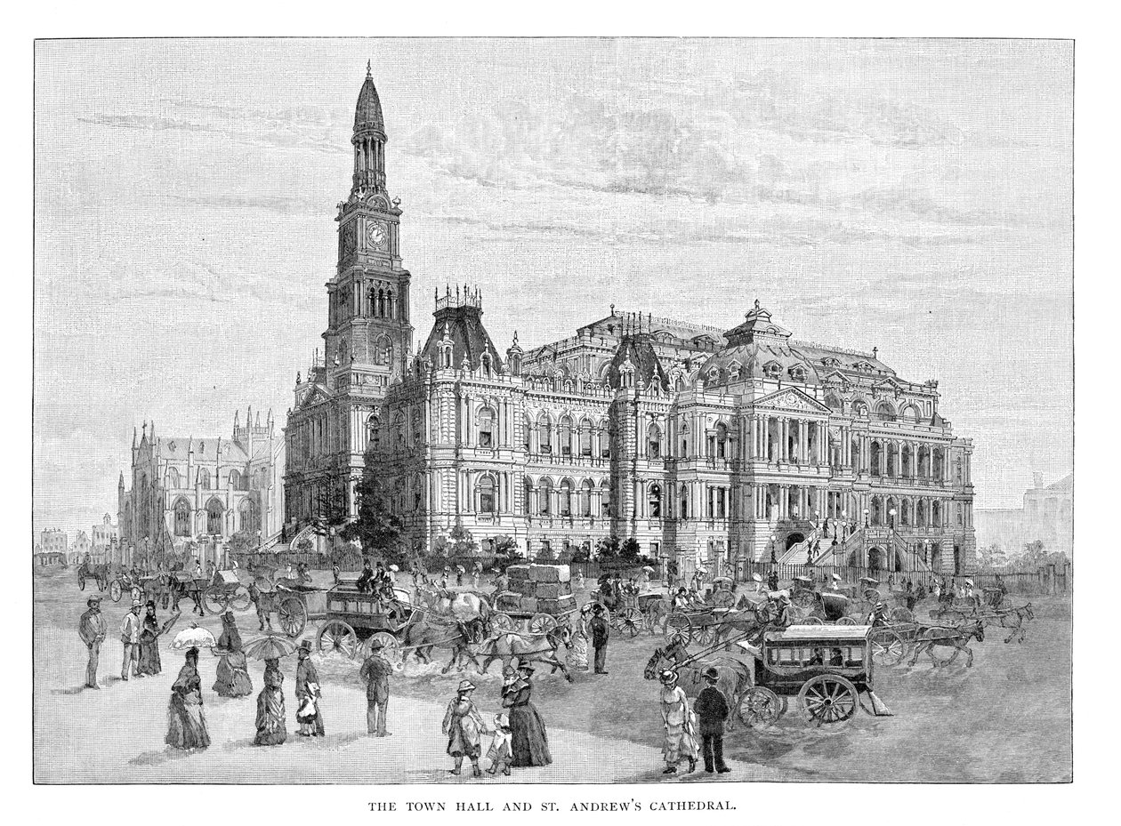 Rådhuset og St. Andrews Cathedral, Sydney, New South Wales, Australien, 1886 af Unbekannt