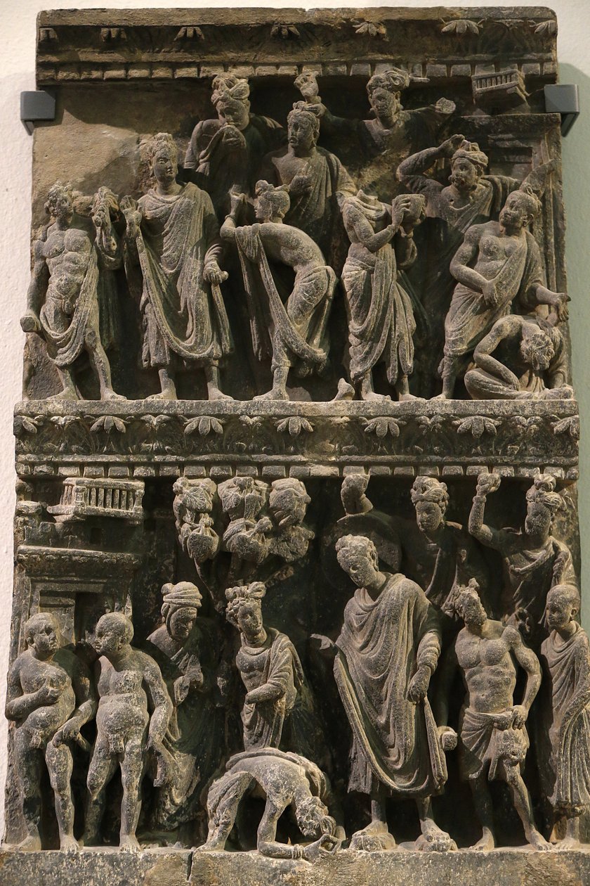 Victoria and Albert Museum. Relief, der viser et forsøg på Buddhas liv. 100-200. Schist. Gandhara/Nordvest Pakistan. Det Forenede Kongerige af Unbekannt