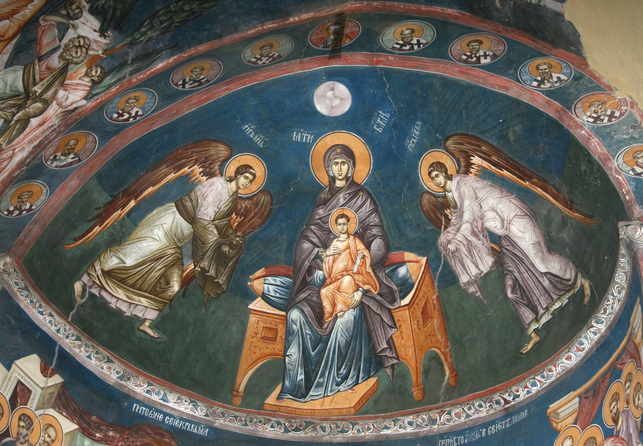 Jomfruen på tronen med Kristus Emmanuel med ærkeenglene Michael og Gabriel, 1300-tallet af Unbekannt