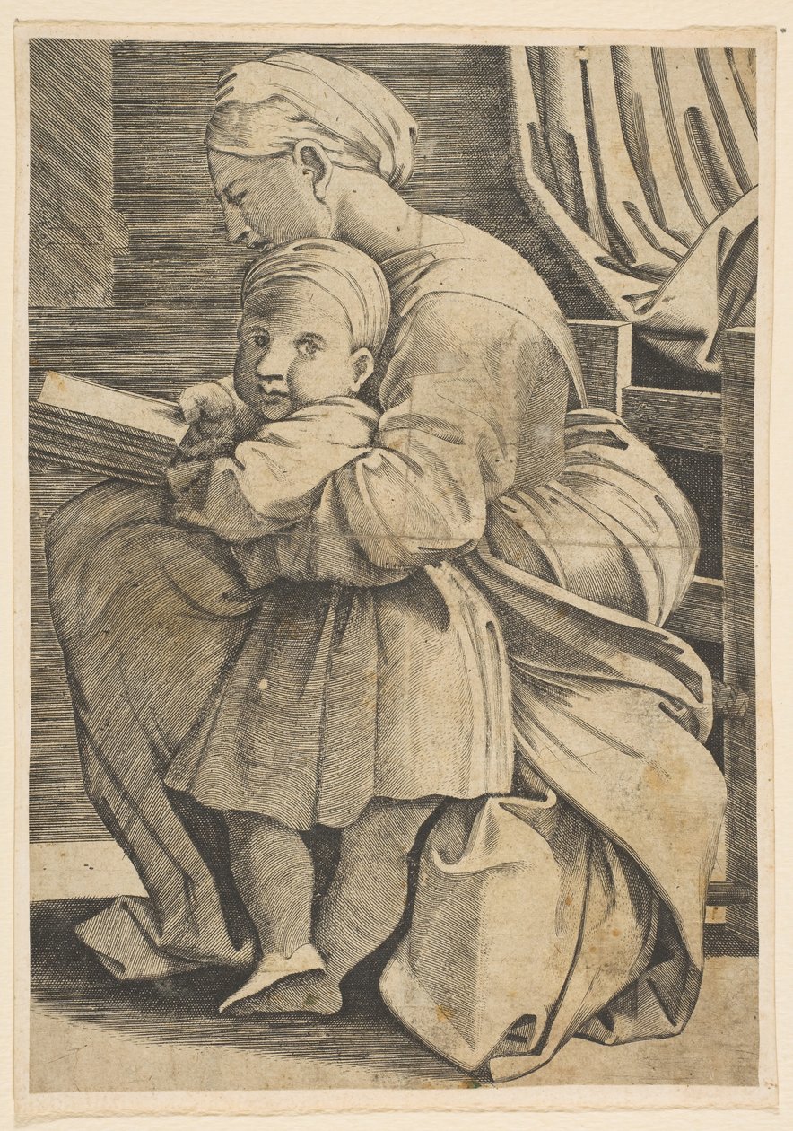 Jomfruen læser med spædbarnet Kristus, kvinde siddende i profil vendt mod venstre og..., ca. 1515-1600. af Unbekannt