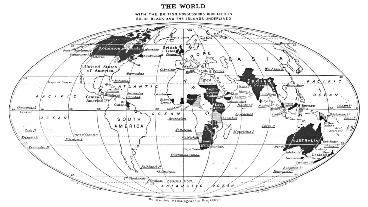 Verden med de britiske besiddelser angivet i ensfarvet sort og øerne understreget, 1924 af Unbekannt
