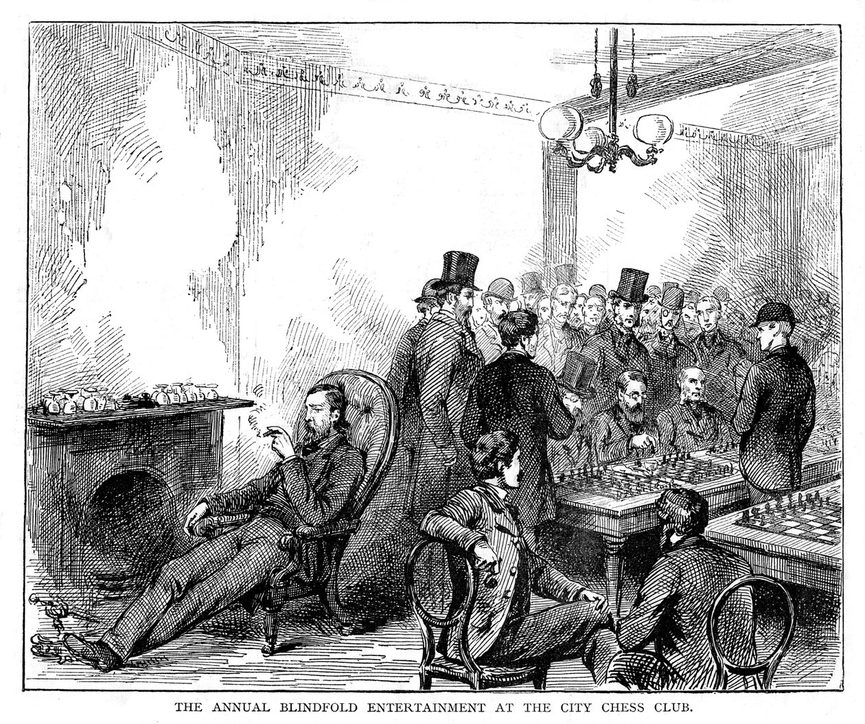 Den årlige underholdning med bind for øjnene i byens skakklub, 1876 af Unbekannt