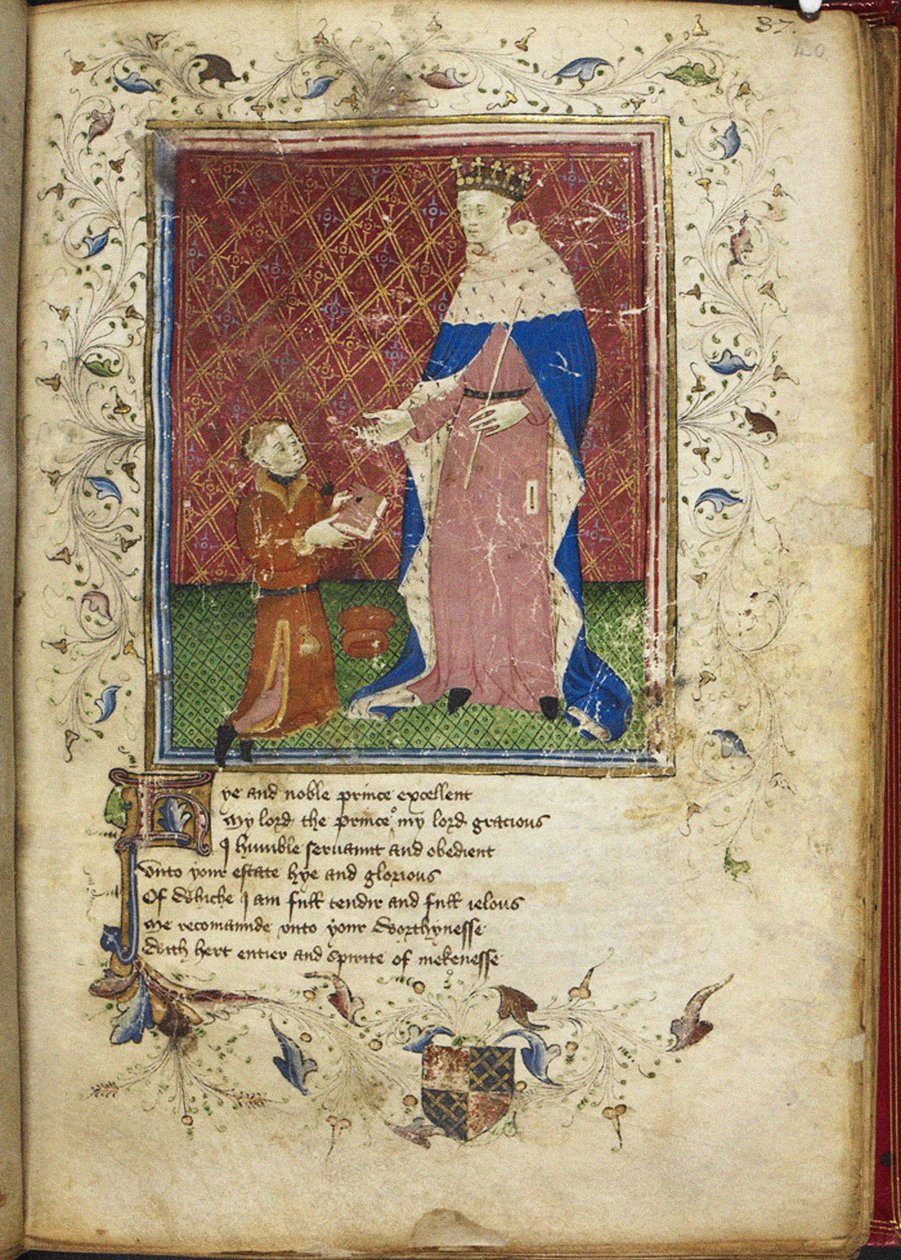 Forfatteren præsenterer sin bog for Henry V fra Thomas Hoccleves Regiment of Princes, det 15. århundrede af Unbekannt