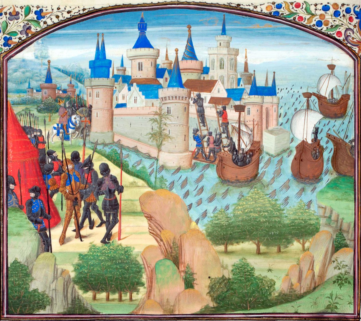 Erobringen af Konstantinopel til lands og til vands i 1204. Miniature fra Historia af Vilhelm af Tyrus, 1460