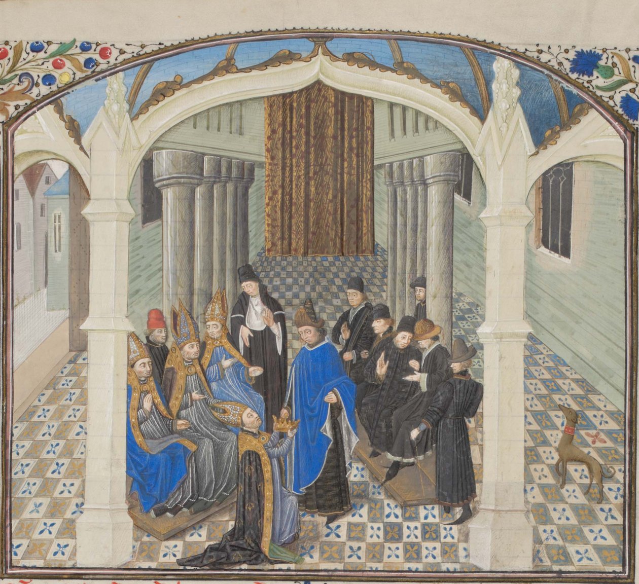 Kroningen af Baldwin II i 1118. Miniature fra Historia af Vilhelm af Tyrus, 1460