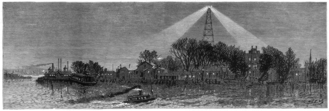 Det elektriske lys ved Hell Gate, New York, 1885 af Unbekannt