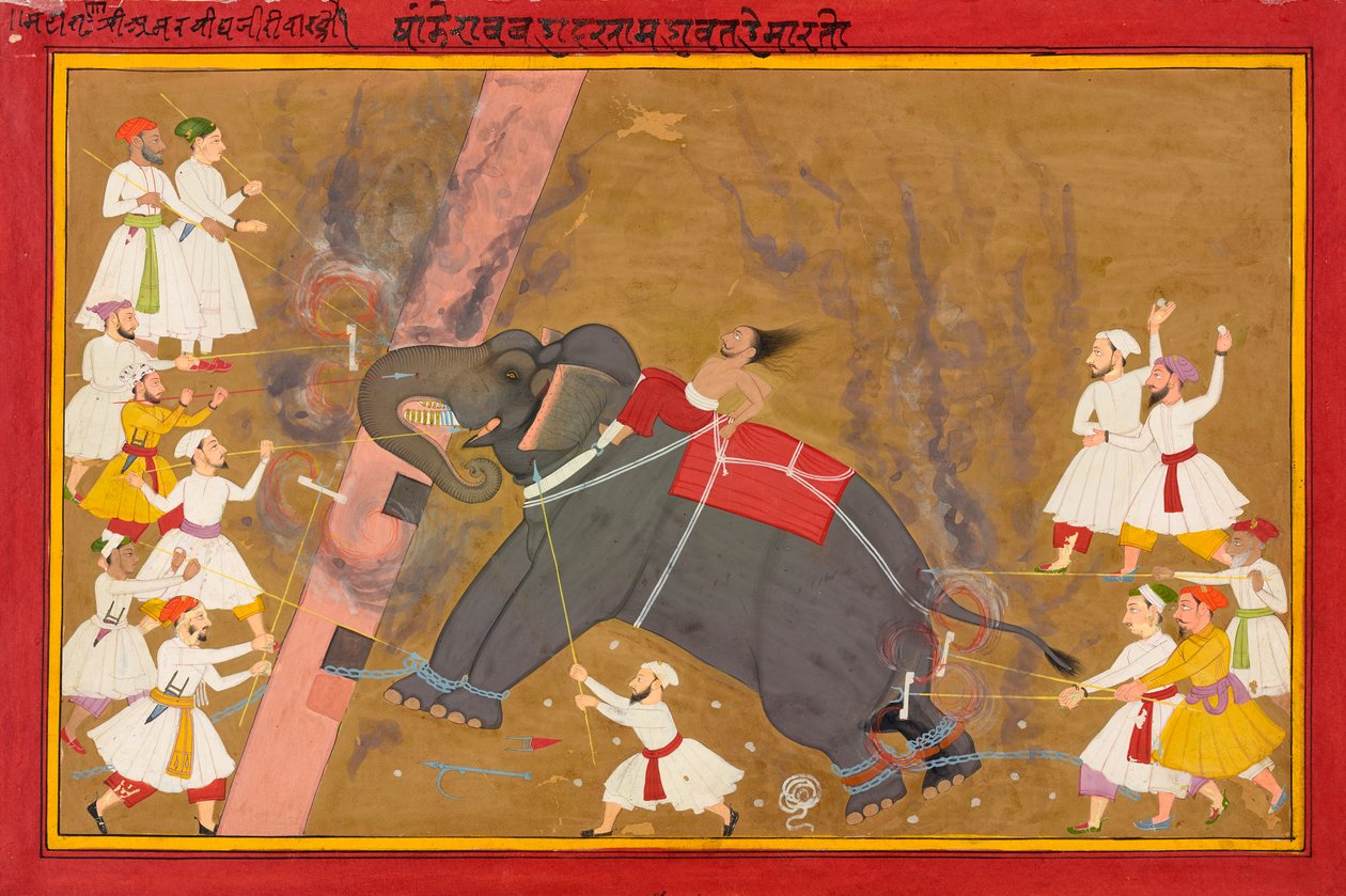 Elefanten Khanderao Bahadur, der dræber Sham Mahavat, Ka. 1700. af Unbekannt